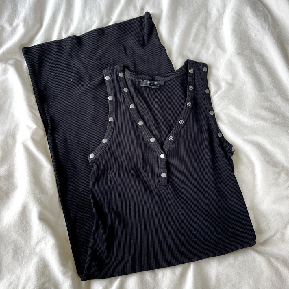 Black AllSaints Ava midi dress with snap trim large